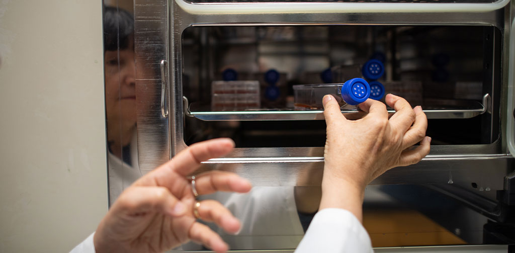 Person holding on to lab equipment.